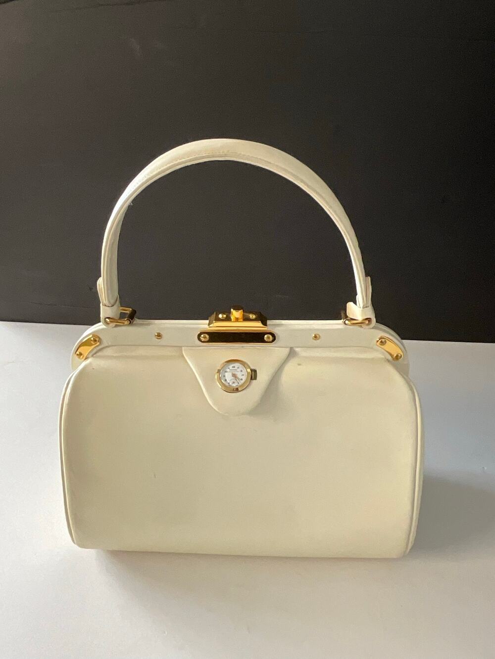 Vintage Dorian White Leather Top Handle Doctor Bag with Working Watch Detail